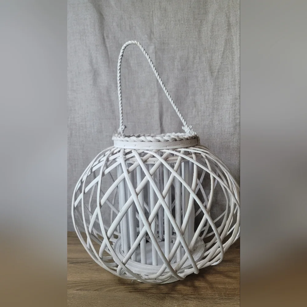 Large White Woven Lantern Wicker Beach Nautical